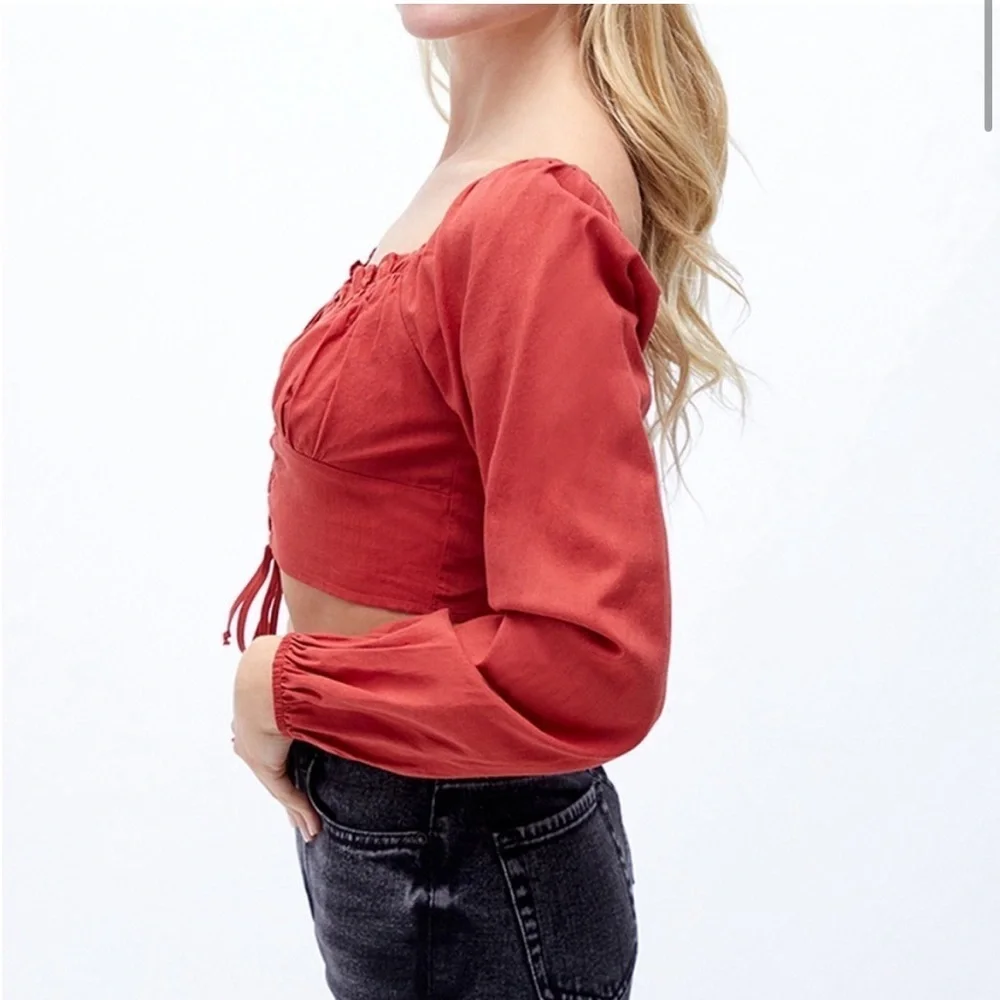 NWT PacSun/La Hearts Lace Up Long Sleeve Rust Boho Crop Top  Size Medium - Picture 8 of 13